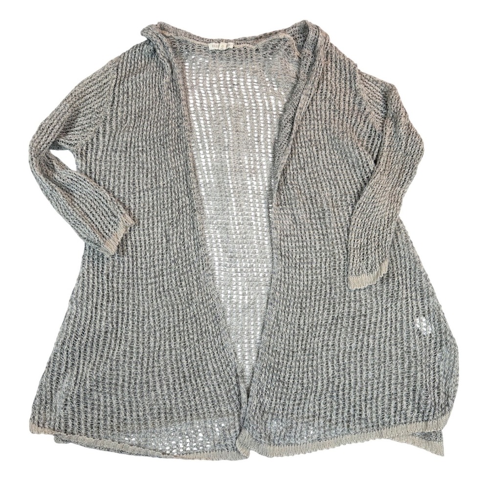 Eileen Fisher 100% Linen Mesh Knit Open Front Cardigan Grey Beige Large